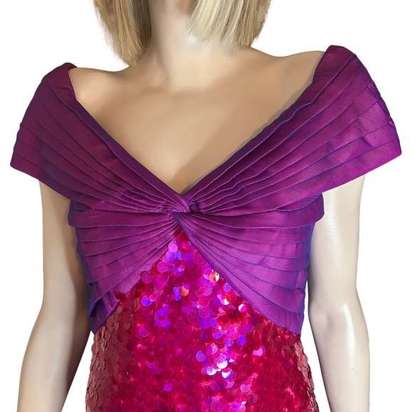 SHO by Tadashi Shoji Cocktail Dress Hot Pink Sequins Off Shoulder Sheath Party - Picture 4 of 16